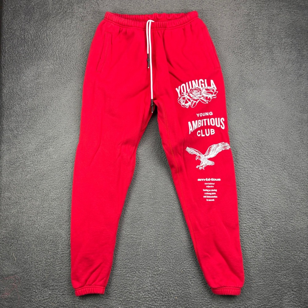 YoungLA Mens Red Ambitious Club Graphic Joggers Sweatpants Large Eagle Rose